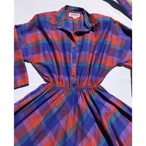 Vtg 80's AMERICAN SHIRT DRESS Women’s M L 13 Geo Color Block Belted Shldr Pads